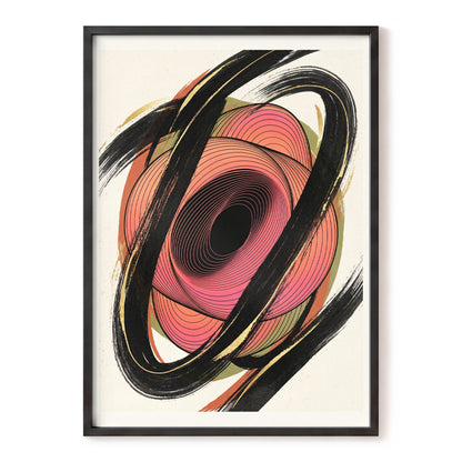 Coral Orbit, black, pink, beige abstract wall art, front artwork view