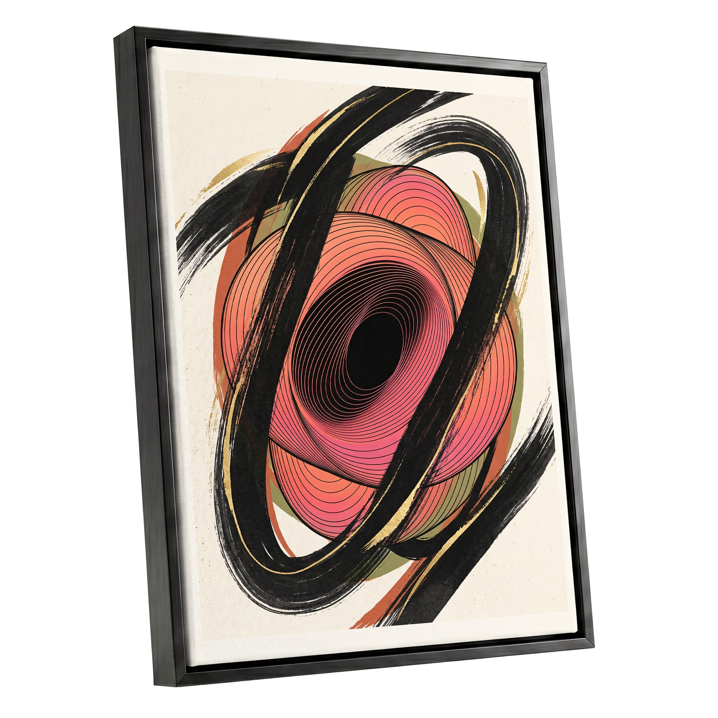 Coral Orbit, black, pink, beige abstract wall art shown as a black framed canvas wall art