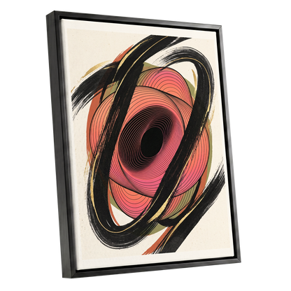 Coral Orbit, black, pink, beige abstract wall art shown as a black framed canvas wall art