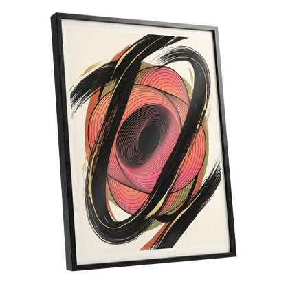 Coral Orbit, black, pink, beige abstract wall art shown as a black framed poster wall art print
