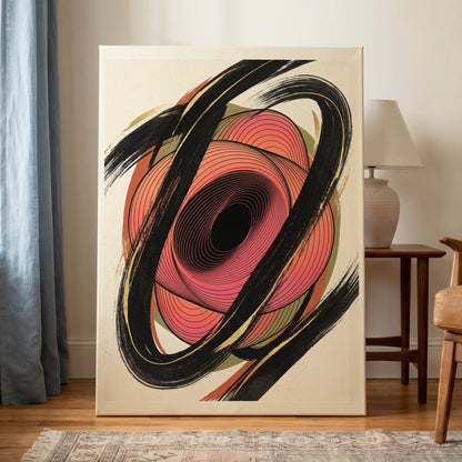 Coral Orbit, black, pink, beige abstract wall art on canvas displayed in a styled interior, gallery view 1