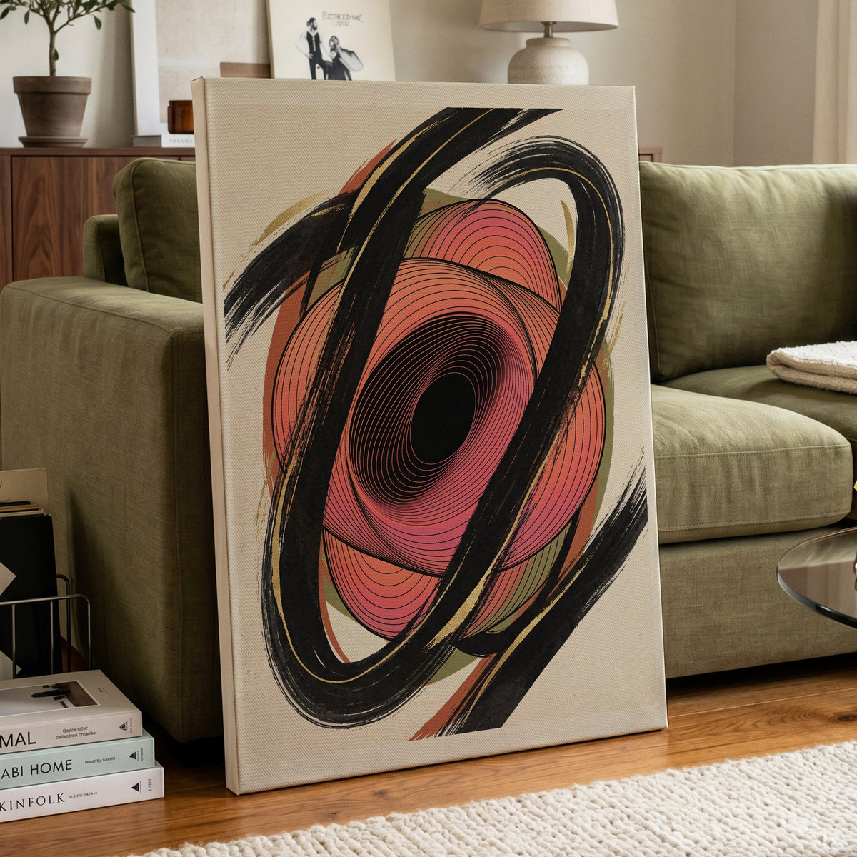 Coral Orbit, black, pink, beige abstract wall art on canvas displayed in a styled interior, gallery view 2