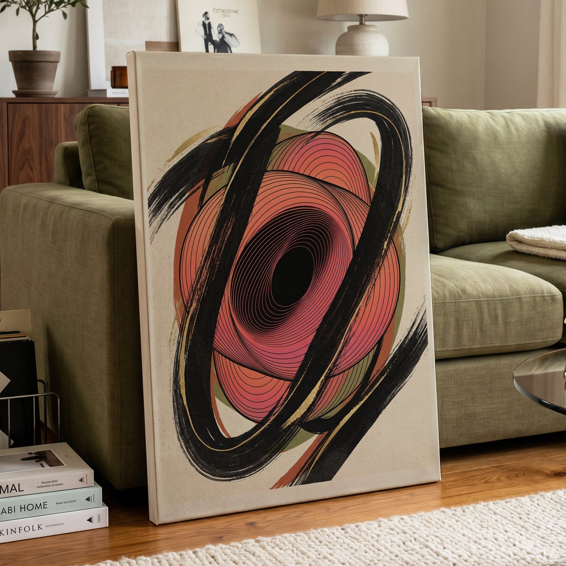 Coral Orbit, black, pink, beige abstract wall art on canvas displayed in a styled interior, gallery view 2