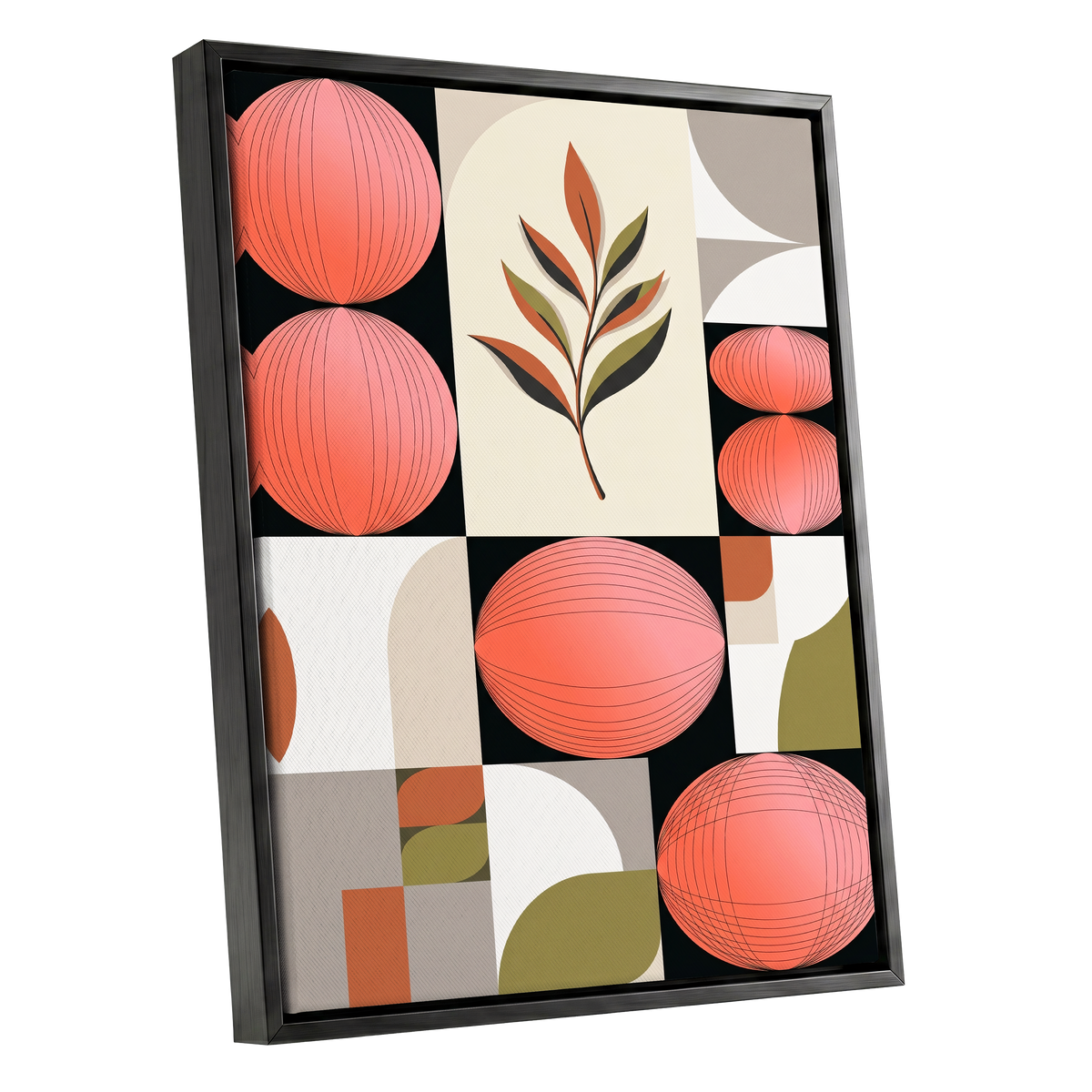 Coral Orbit Garden, pink, black, beige floral wall art shown as a black framed canvas wall art
