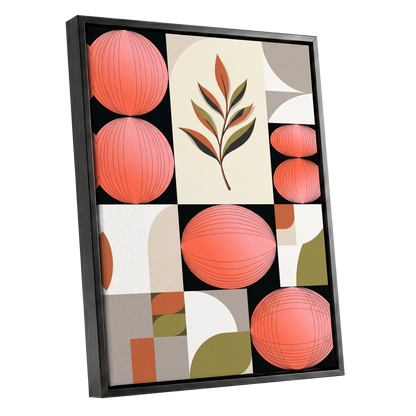 Coral Orbit Garden, pink, black, beige floral wall art shown as a black framed canvas wall art