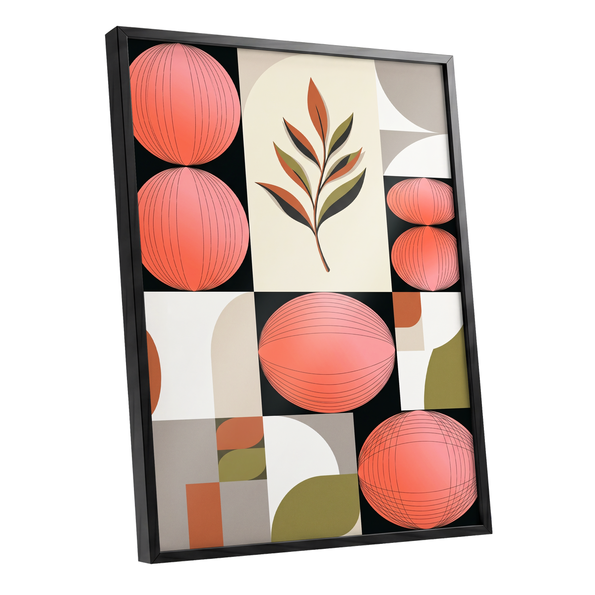 Coral Orbit Garden, pink, black, beige floral wall art shown as a black framed poster wall art print