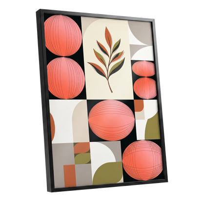 Coral Orbit Garden, pink, black, beige floral wall art shown as a black framed poster wall art print