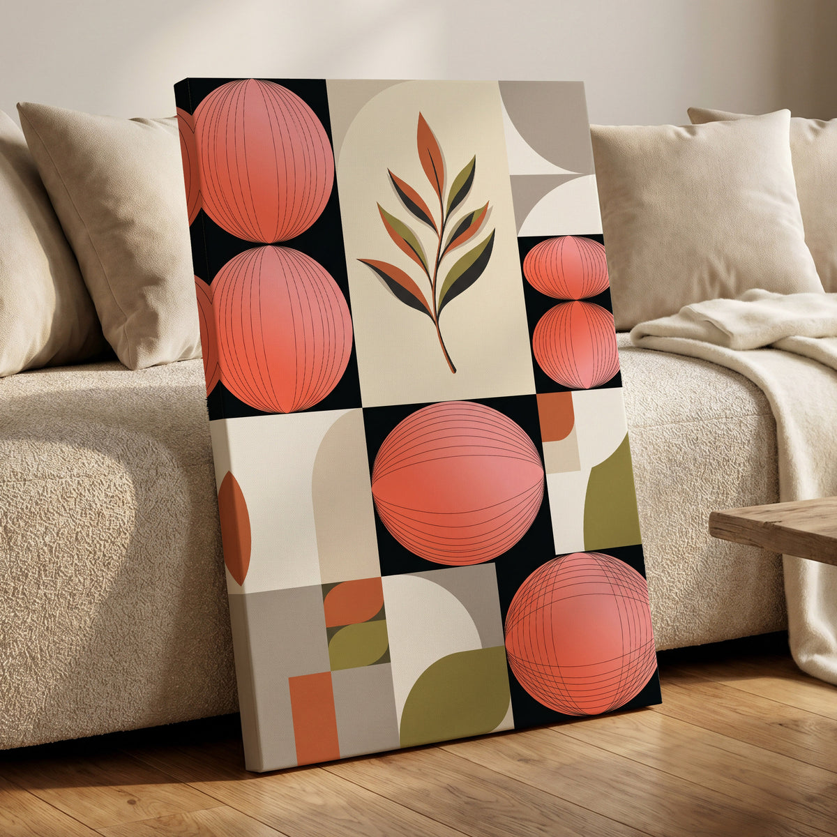 Coral Orbit Garden, pink, black, beige floral wall art on canvas displayed in a styled interior, gallery view 1