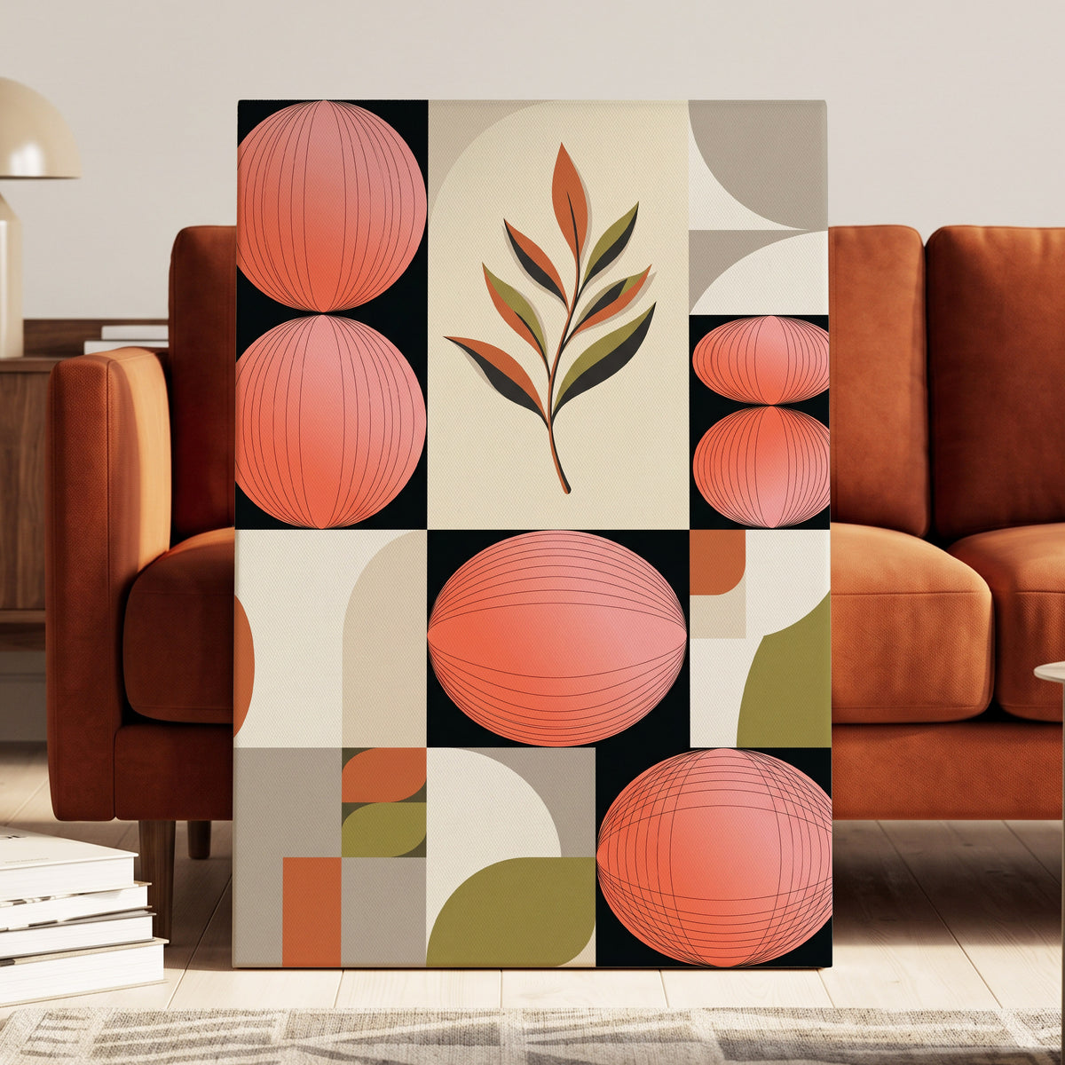 Coral Orbit Garden, pink, black, beige floral wall art on canvas displayed in a styled interior, gallery view 2