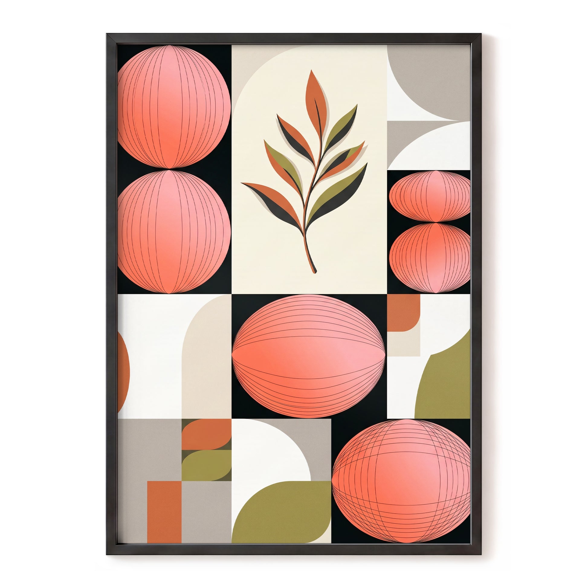Coral Orbit Garden, pink, black, beige floral wall art, front artwork view