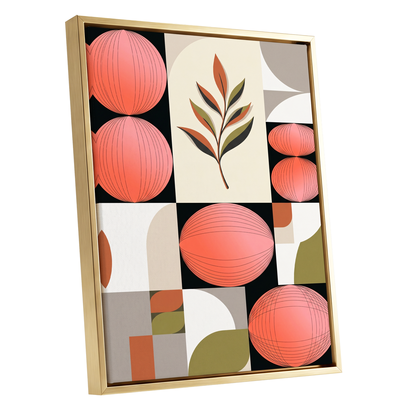 Coral Orbit Garden, pink, black, beige floral wall art shown as a gold framed canvas wall art