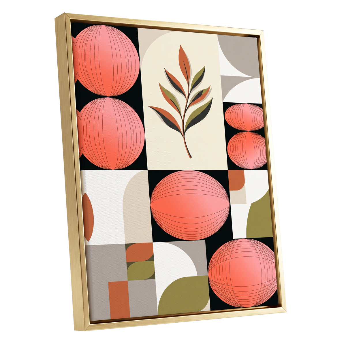 Coral Orbit Garden, pink, black, beige floral wall art shown as a gold framed canvas wall art