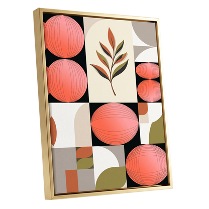 Coral Orbit Garden, pink, black, beige floral wall art shown as a gold framed canvas wall art