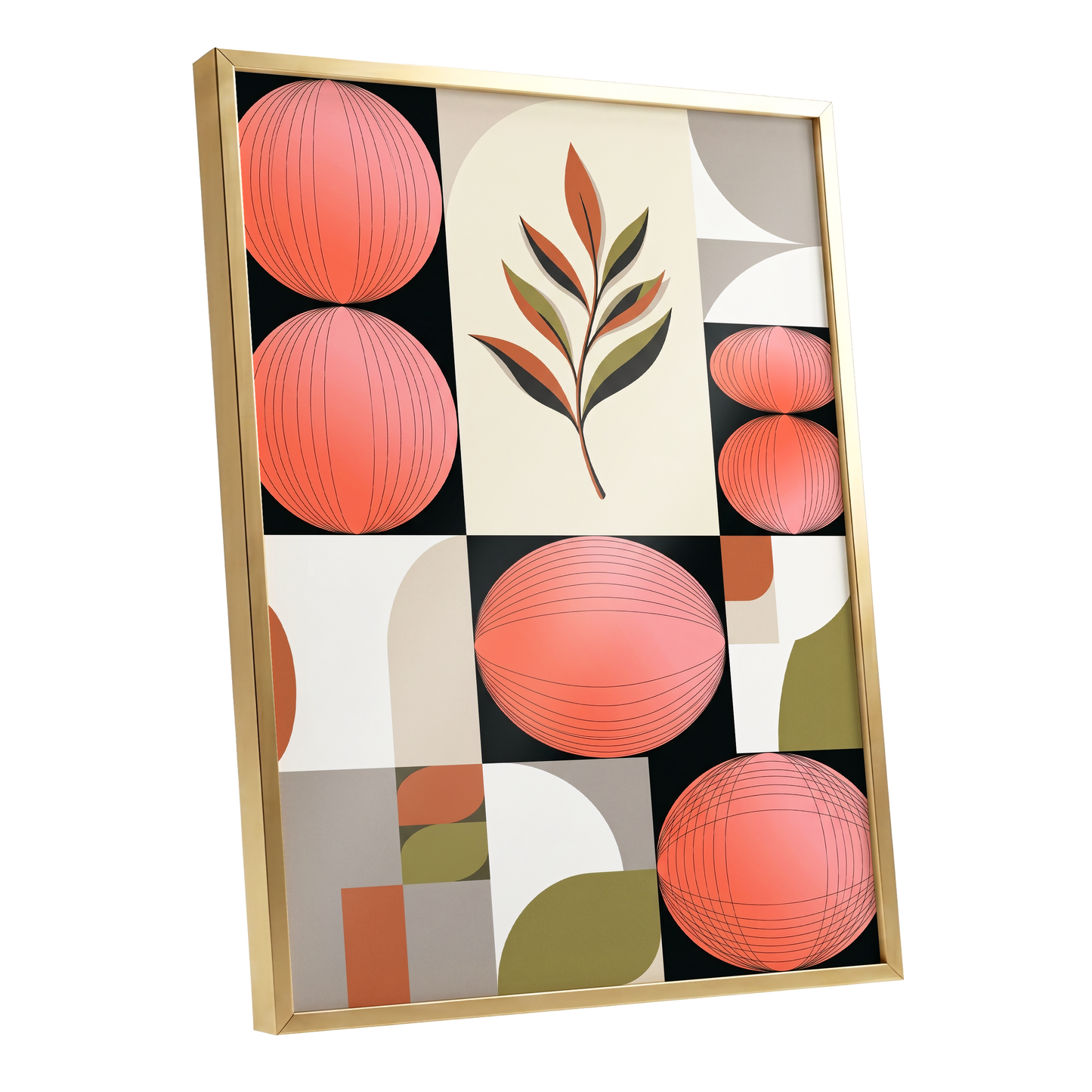 Coral Orbit Garden, pink, black, beige floral wall art shown as a gold framed poster wall art print