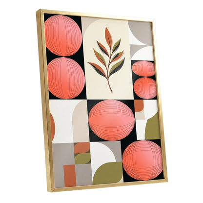 Coral Orbit Garden, pink, black, beige floral wall art shown as a gold framed poster wall art print