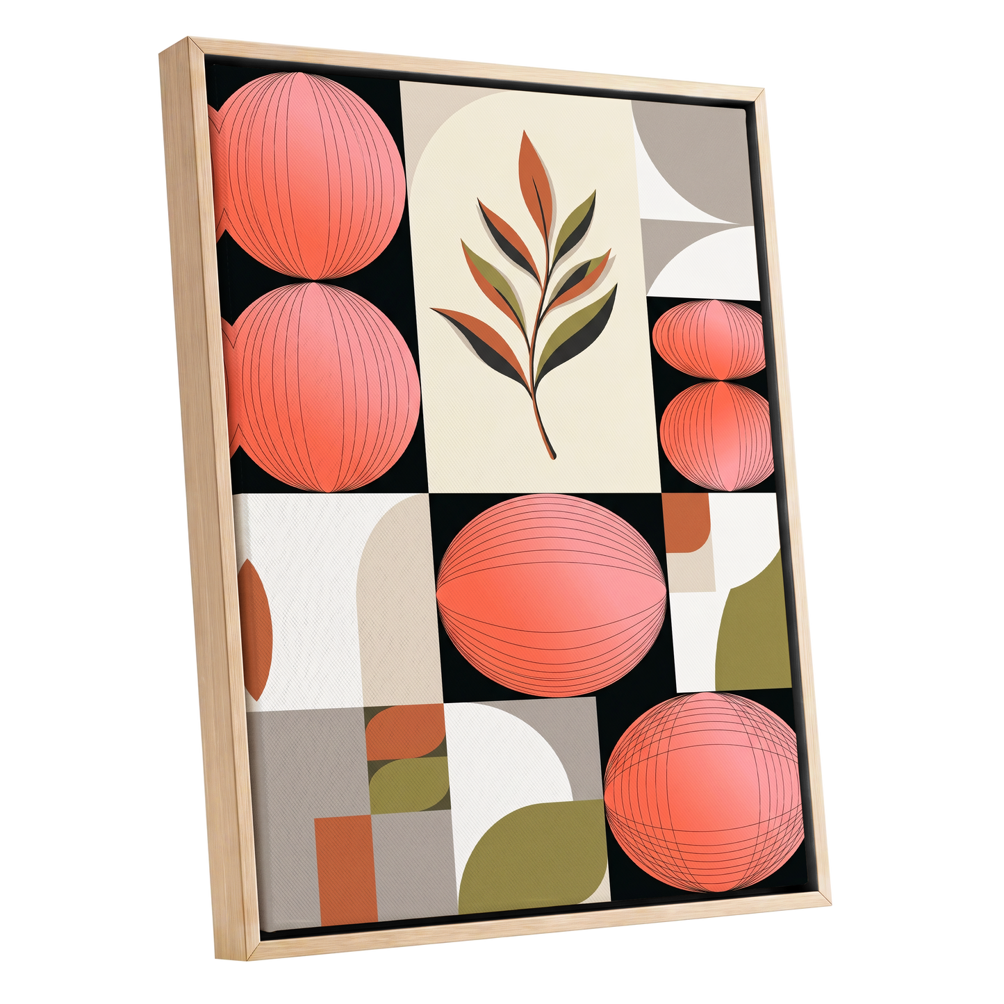 Coral Orbit Garden, pink, black, beige floral wall art shown as a oak framed canvas wall art