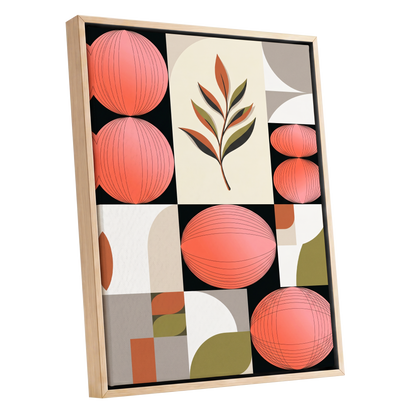 Coral Orbit Garden, pink, black, beige floral wall art shown as a oak framed canvas wall art