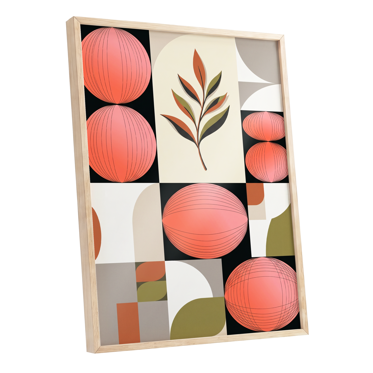 Coral Orbit Garden, pink, black, beige floral wall art shown as a oak framed poster wall art print