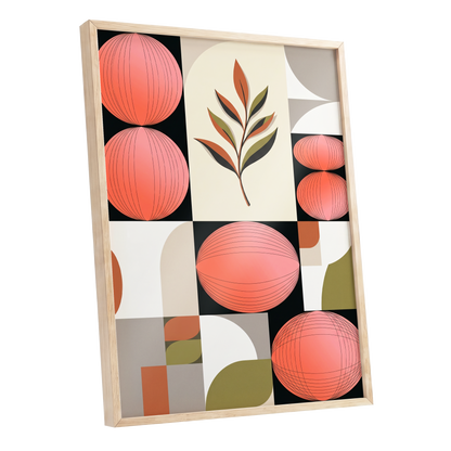 Coral Orbit Garden, pink, black, beige floral wall art shown as a oak framed poster wall art print