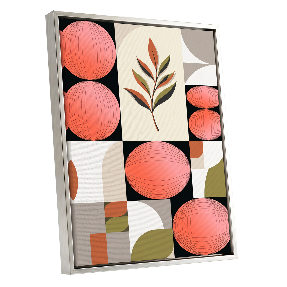 Coral Orbit Garden, pink, black, beige floral wall art shown as a silver framed canvas wall art