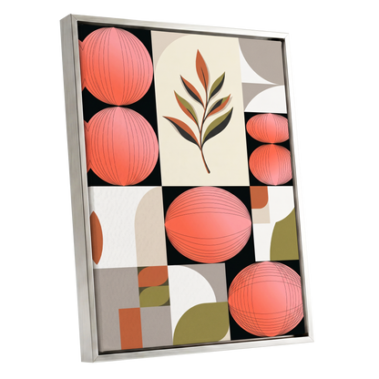 Coral Orbit Garden, pink, black, beige floral wall art shown as a silver framed canvas wall art