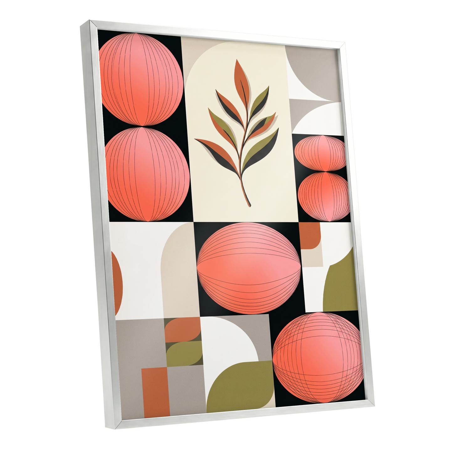 Coral Orbit Garden, pink, black, beige floral wall art shown as a silver framed poster wall art print