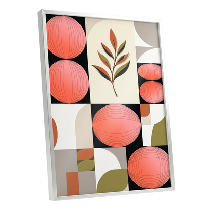 Coral Orbit Garden, pink, black, beige floral wall art shown as a silver framed poster wall art print