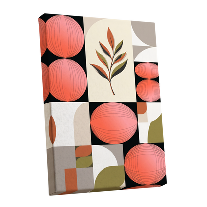 Coral Orbit Garden, pink, black, beige floral wall art shown as a stretched canvas wall art