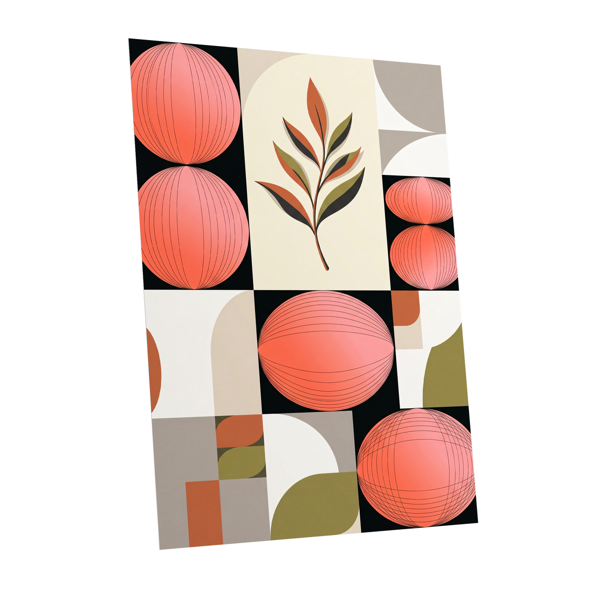 Coral Orbit Garden, pink, black, beige floral wall art shown as a unframed poster wall art print