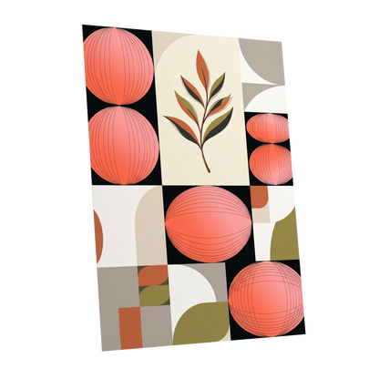 Coral Orbit Garden, pink, black, beige floral wall art shown as a unframed poster wall art print