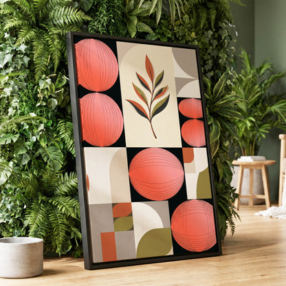 Coral Orbit Garden, pink, black, beige floral wall art displayed in a styled interior, gallery view 1