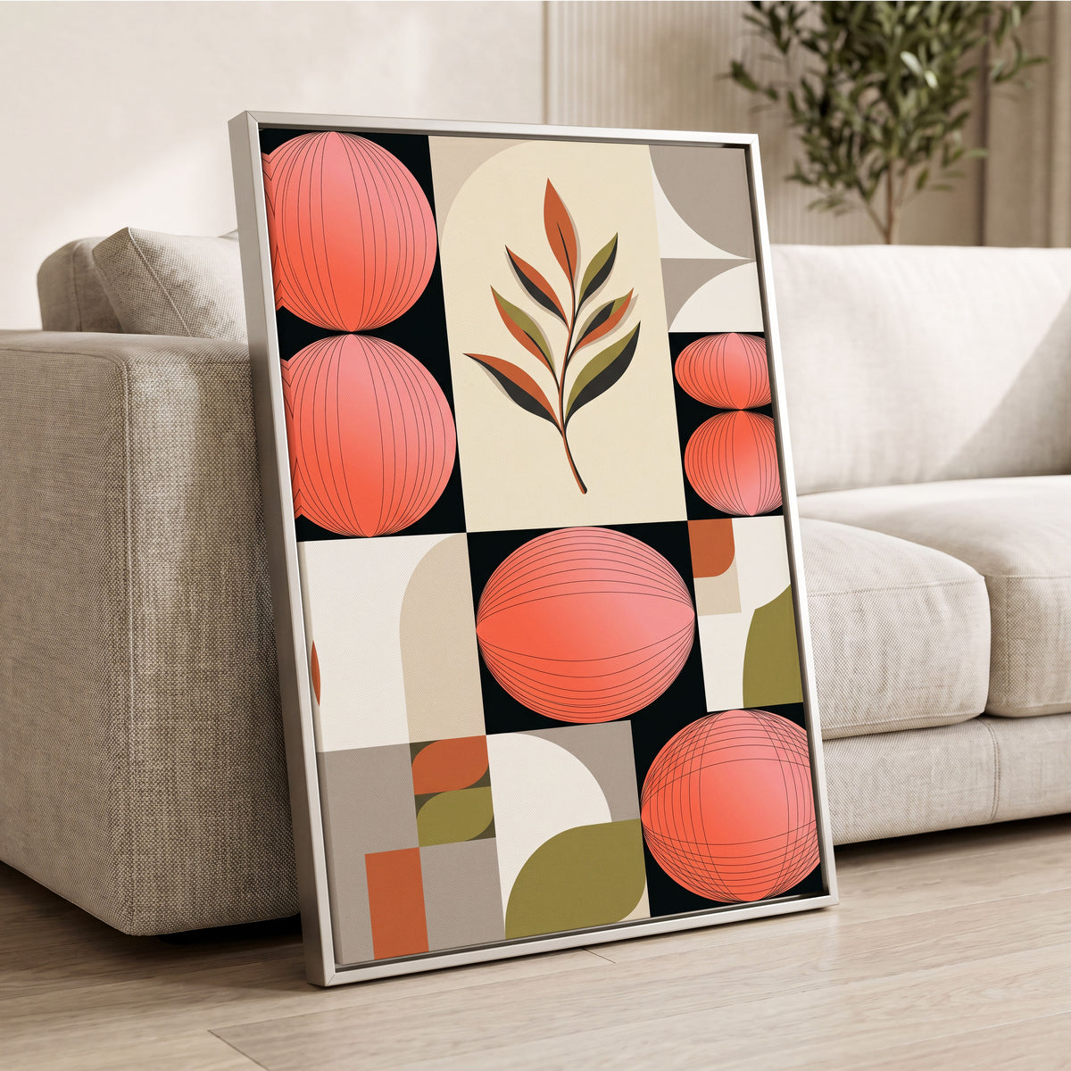 Coral Orbit Garden, pink, black, beige floral wall art displayed in a styled interior, gallery view 2