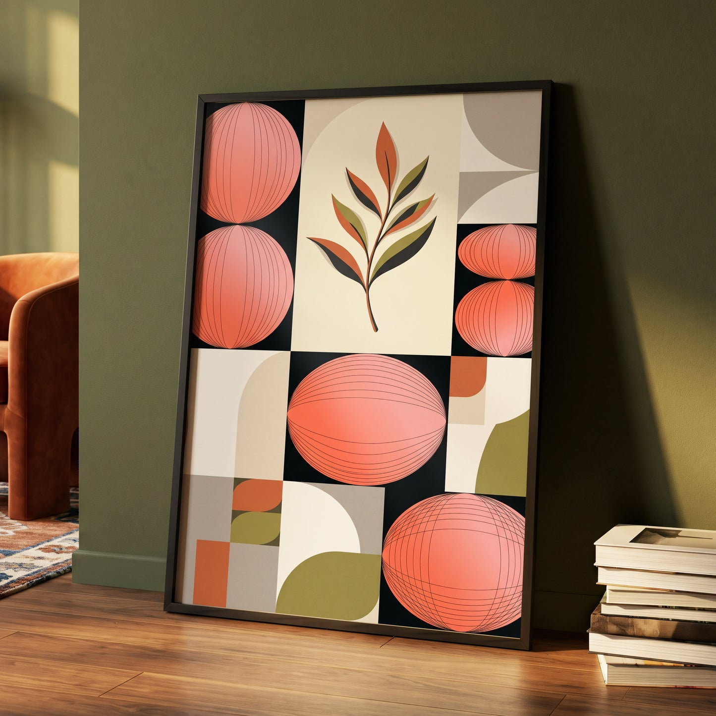 Coral Orbit Garden, pink, black, beige floral wall art displayed in a styled interior, gallery view 4