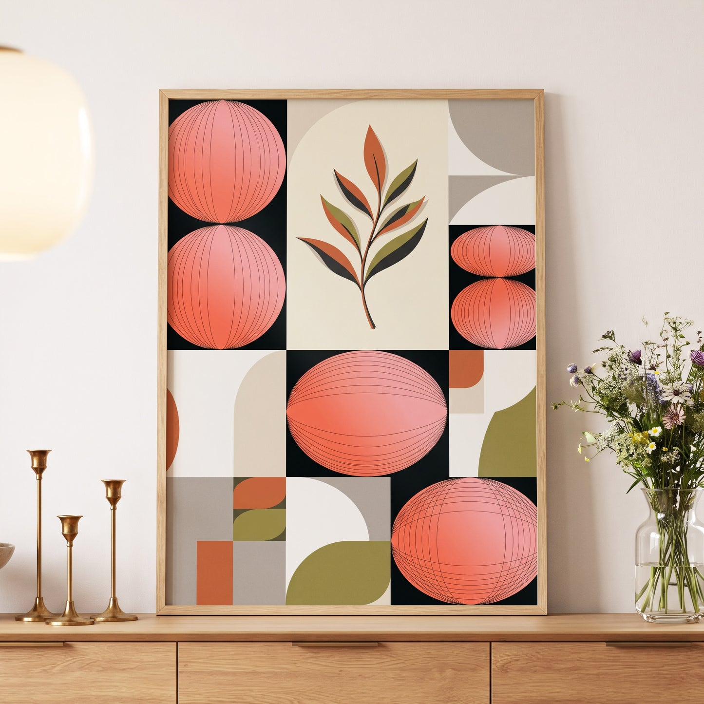 Coral Orbit Garden, pink, black, beige floral wall art displayed in a styled interior, gallery view 5