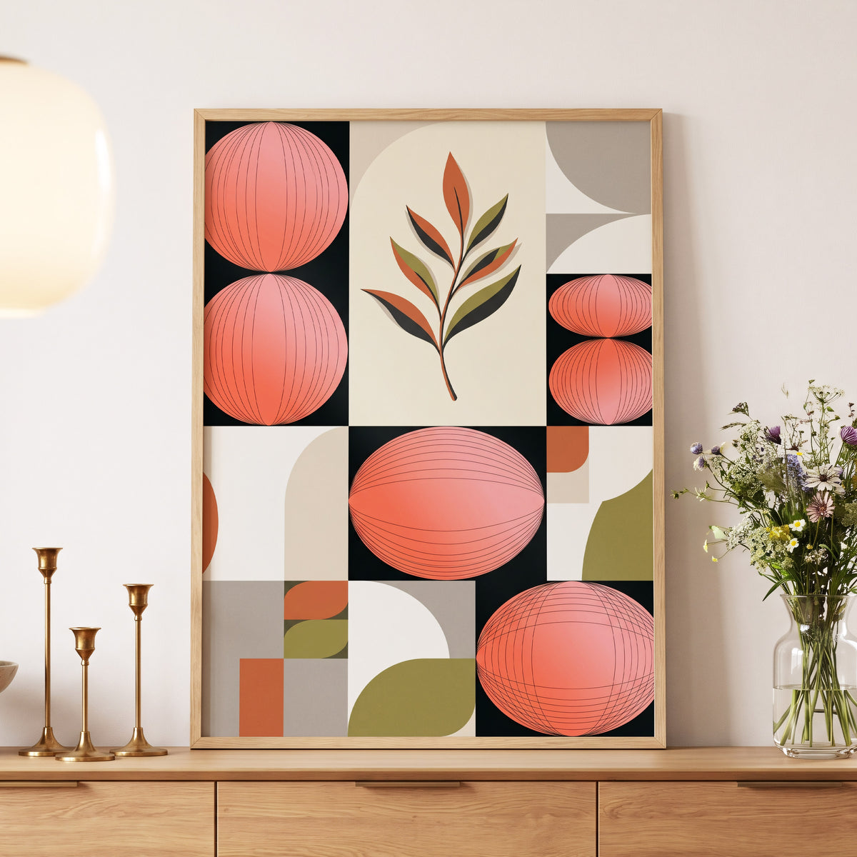 Coral Orbit Garden, pink, black, beige floral wall art displayed in a styled interior, gallery view 5