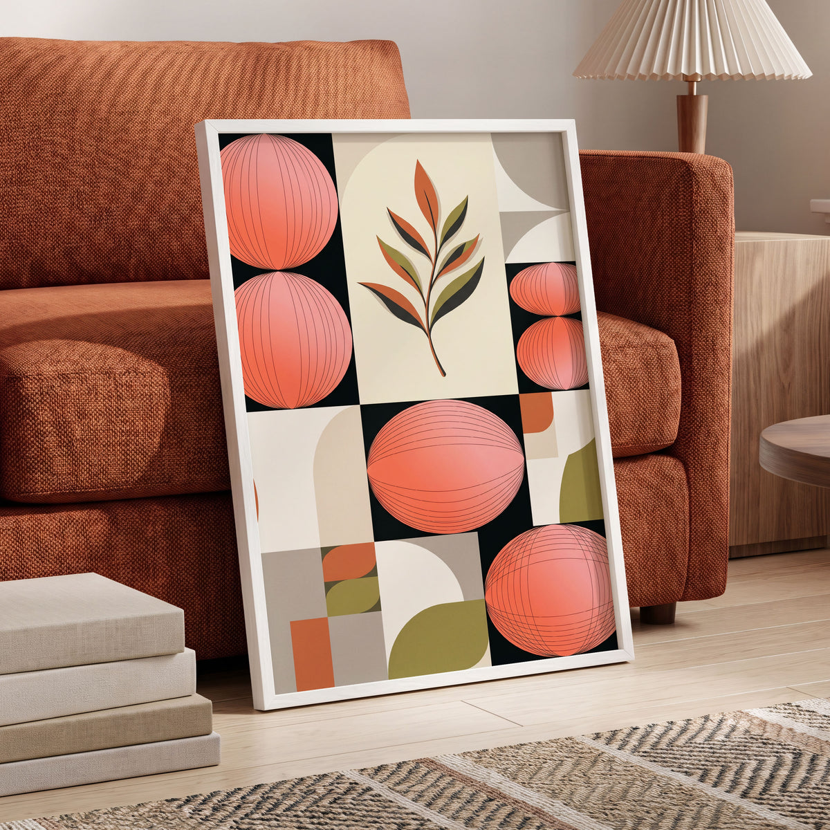 Coral Orbit Garden, pink, black, beige floral wall art displayed in a styled interior, gallery view 6