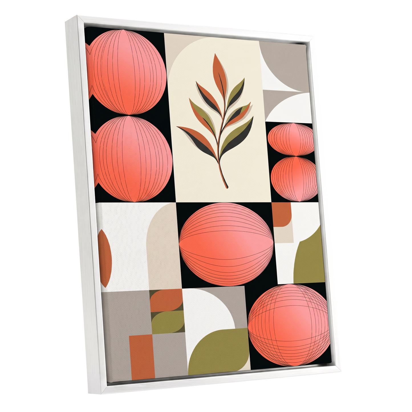 Coral Orbit Garden, pink, black, beige floral wall art shown as a white framed canvas wall art