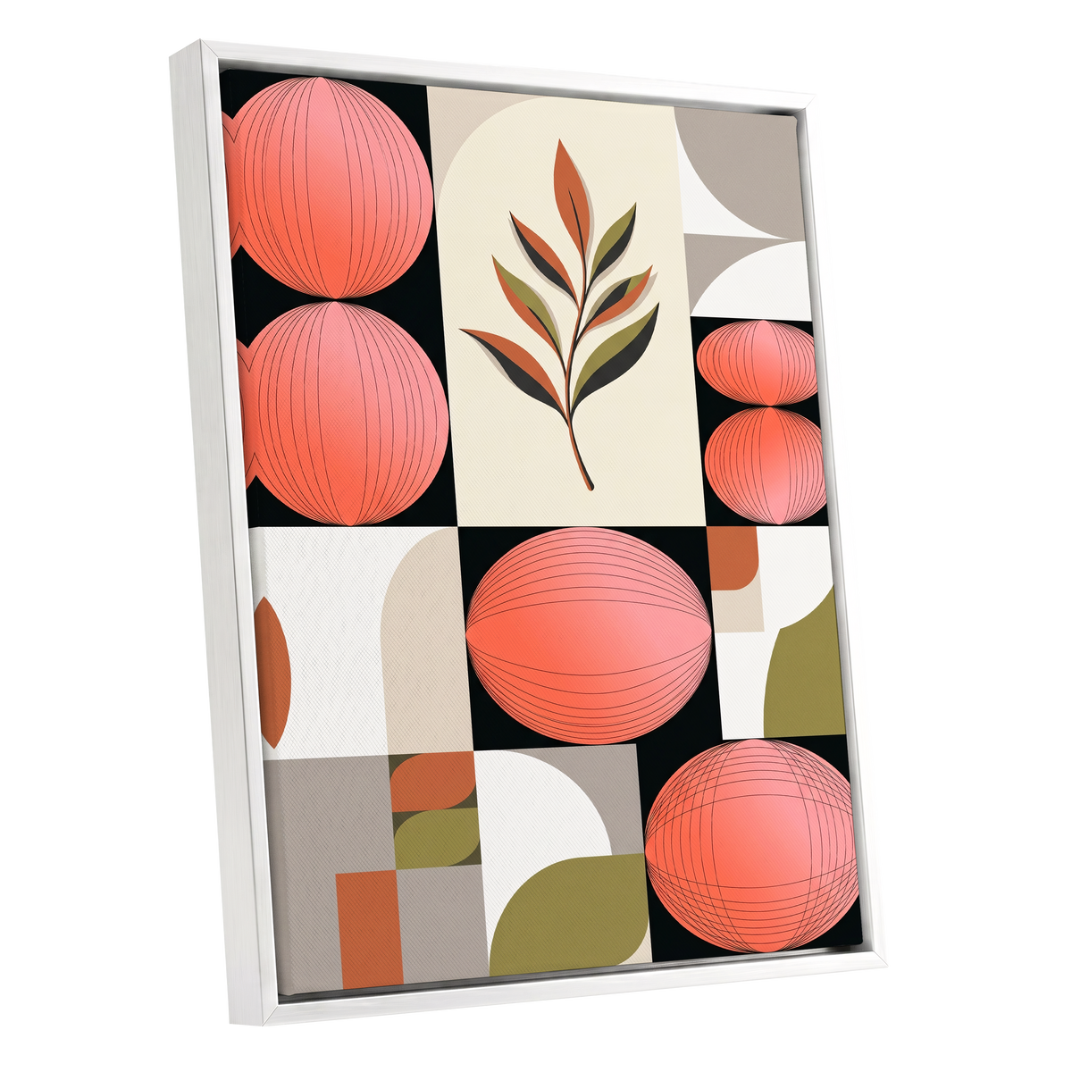 Coral Orbit Garden, pink, black, beige floral wall art shown as a white framed canvas wall art