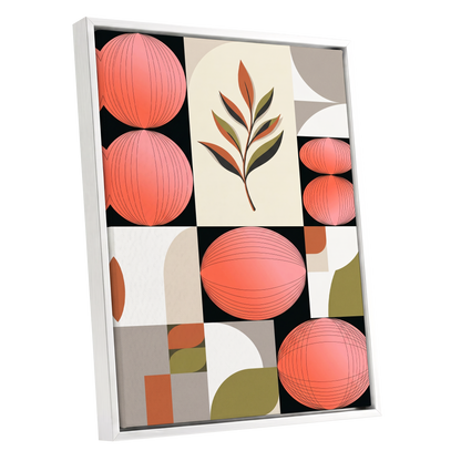 Coral Orbit Garden, pink, black, beige floral wall art shown as a white framed canvas wall art