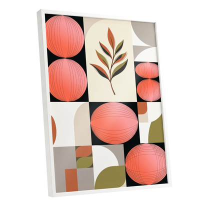 Coral Orbit Garden, pink, black, beige floral wall art shown as a white framed poster wall art print