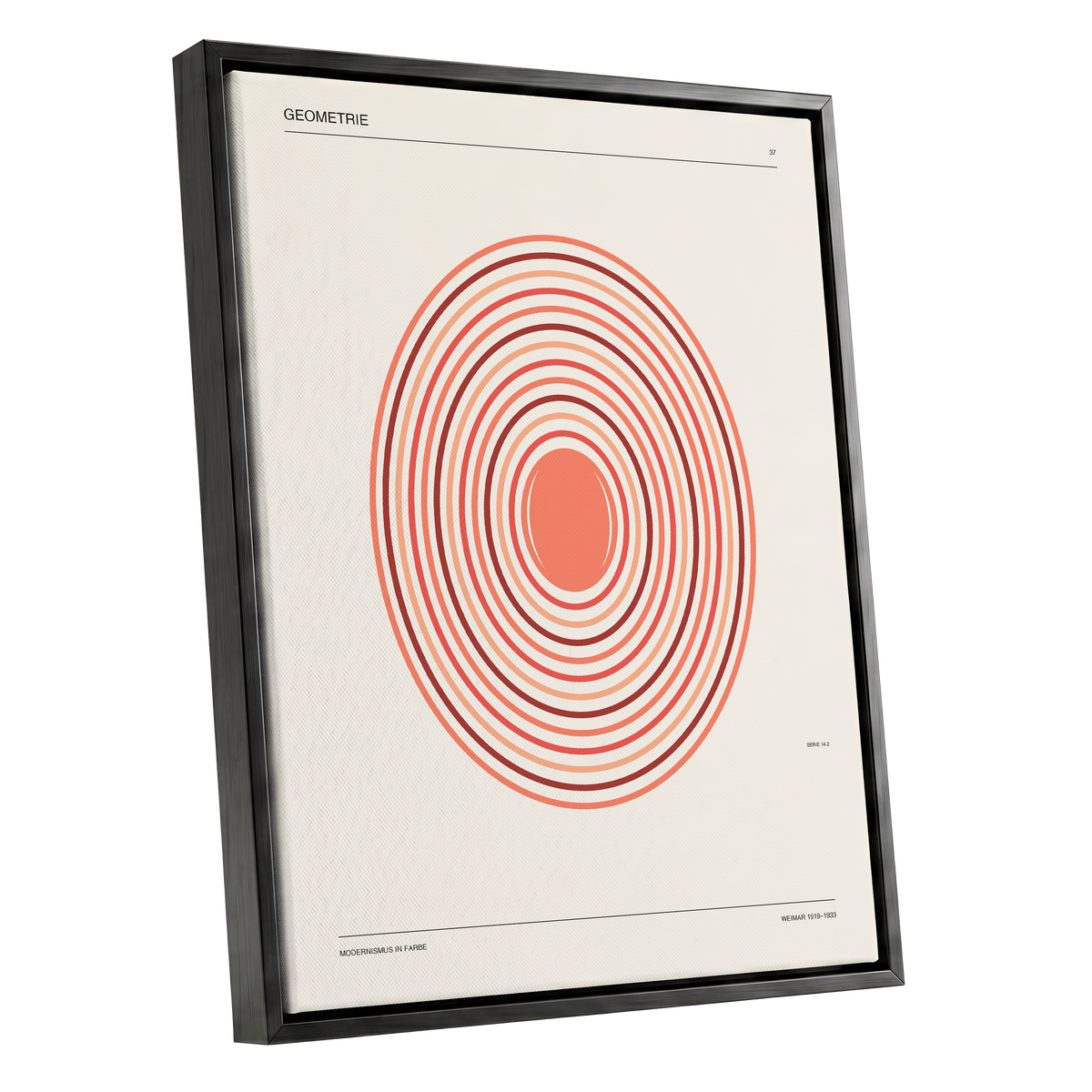Coral Orbit Geometry, beige, red, orange abstract wall art shown as a black framed canvas wall art