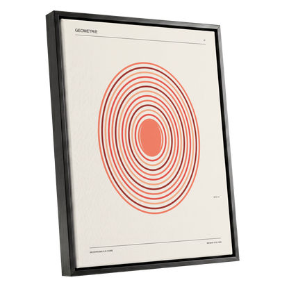 Coral Orbit Geometry, beige, red, orange abstract wall art shown as a black framed canvas wall art