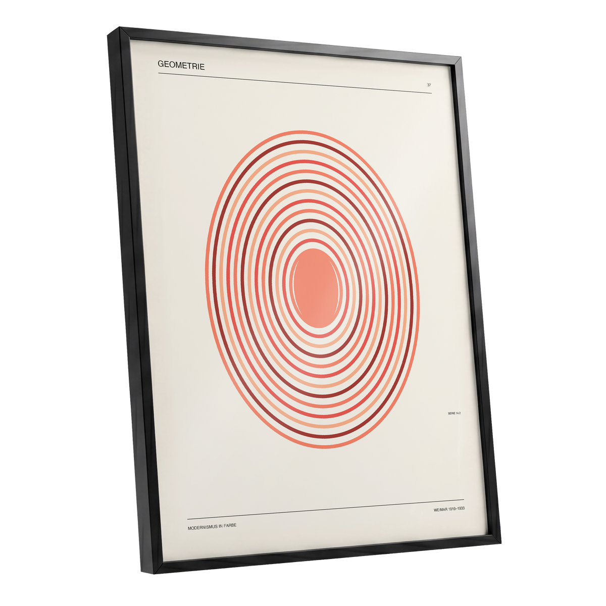 Coral Orbit Geometry, beige, red, orange abstract wall art shown as a black framed poster wall art print
