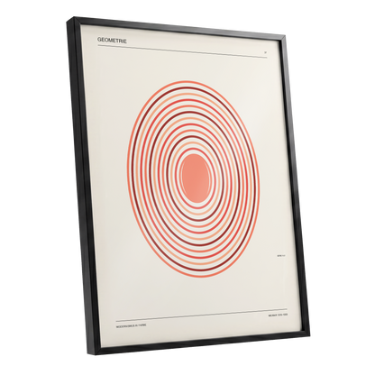 Coral Orbit Geometry, beige, red, orange abstract wall art shown as a black framed poster wall art print