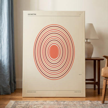 Coral Orbit Geometry, beige, red, orange abstract wall art on canvas displayed in a styled interior, gallery view 1
