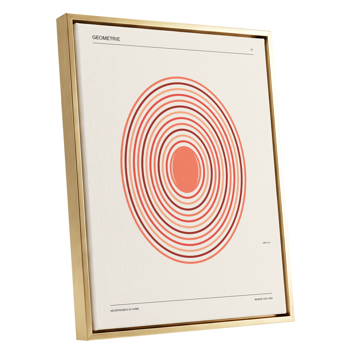 Coral Orbit Geometry, beige, red, orange abstract wall art shown as a gold framed canvas wall art