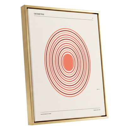 Coral Orbit Geometry, beige, red, orange abstract wall art shown as a gold framed canvas wall art