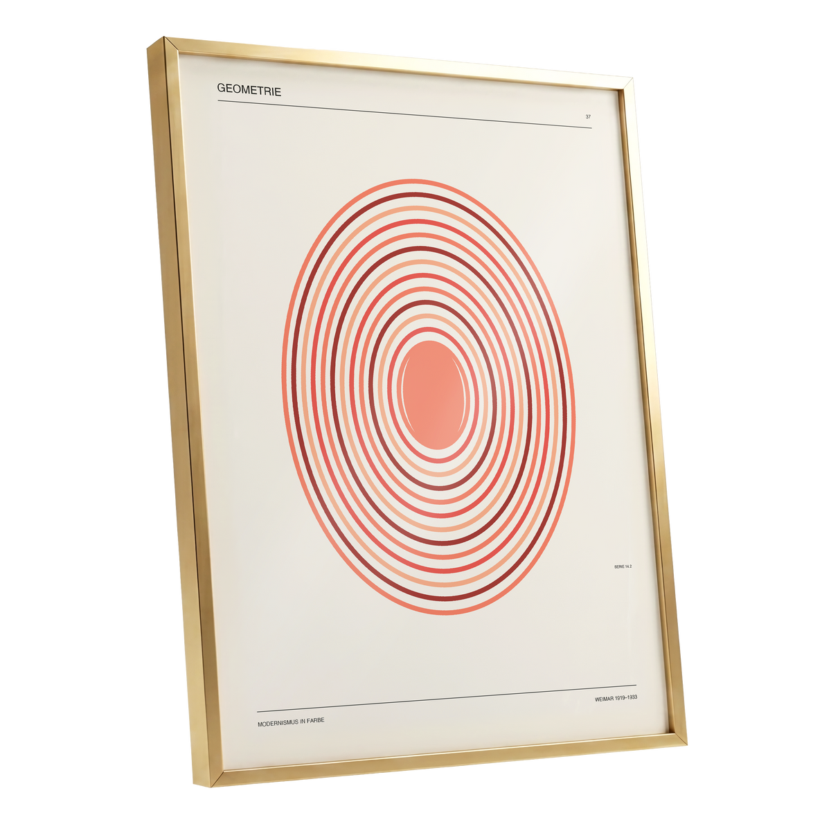 Coral Orbit Geometry, beige, red, orange abstract wall art shown as a gold framed poster wall art print