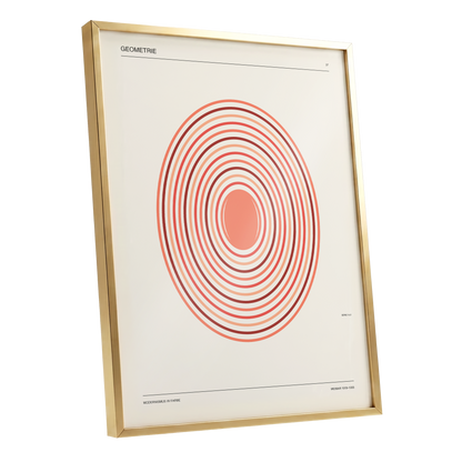 Coral Orbit Geometry, beige, red, orange abstract wall art shown as a gold framed poster wall art print