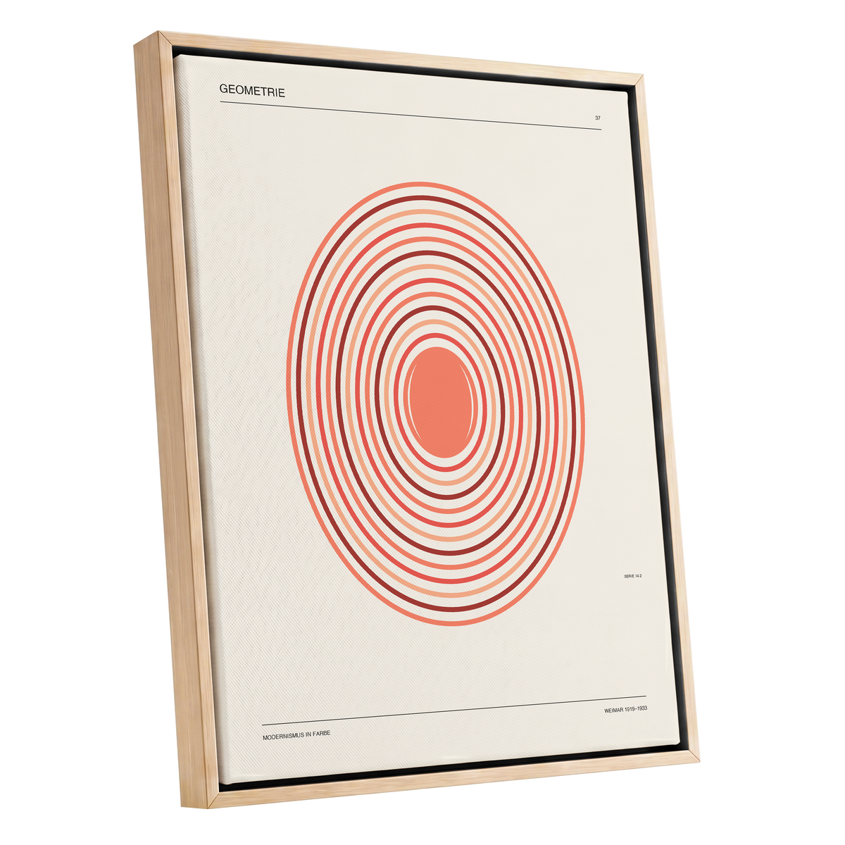 Coral Orbit Geometry, beige, red, orange abstract wall art shown as a oak framed canvas wall art